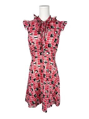 Betsey Johnson Red Print Sleeveless Tie Neck Ruffle Trim Fit Flare Mini Dress 8